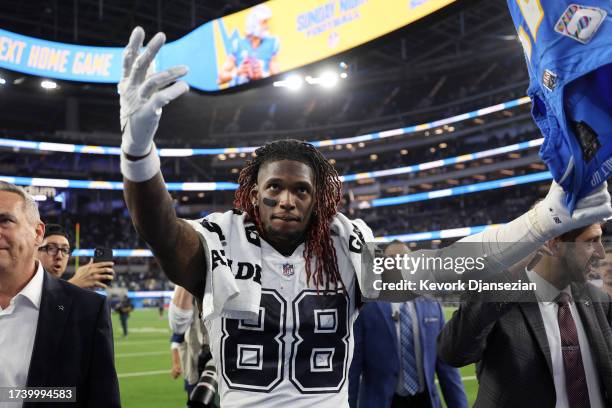CeeDee Lamb of the Dallas Cowboys reacts after the Dallas Cowboys defeated the Los Angeles Chargers 20-17 at SoFi Stadium on October 16, 2023 in...