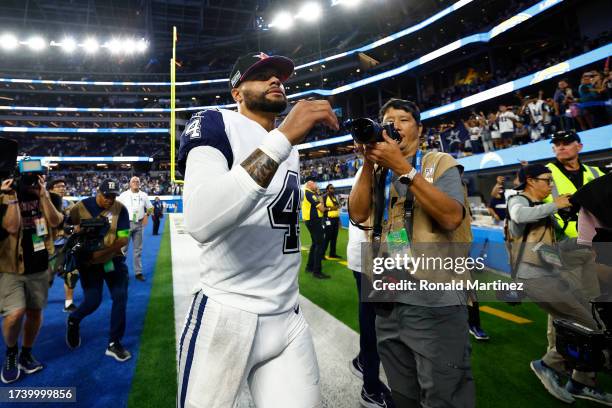 Dak Prescott of the Dallas Cowboys reacts after the Dallas Cowboys defeated the Los Angeles Chargers 20-17 at SoFi Stadium on October 16, 2023 in...