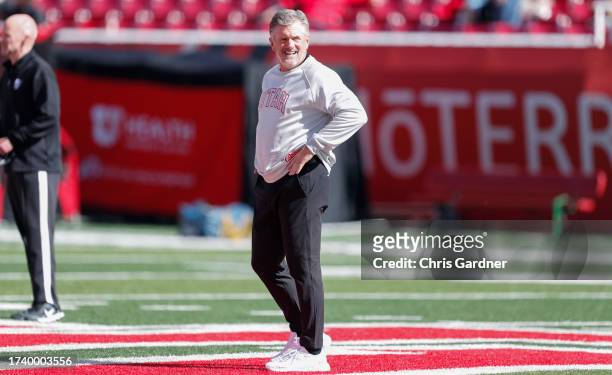 Kyle Whittingham head coach of the Utah Utes watches warmups before their game against the California Golden Bears at Rice-Eccles Stadium October 14,...