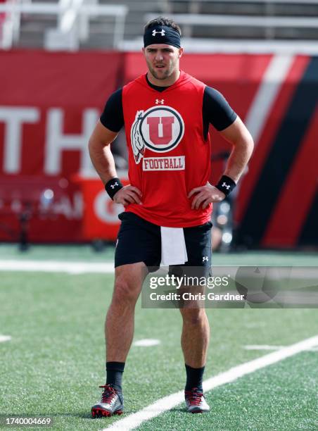 Bryson Barnes of the Utah Utes stretches during warmups before their game against the California Golden Bears at Rice-Eccles Stadium October 14, 2023...