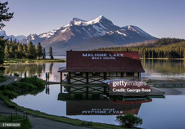 The Maligne Lake boathouse is viewed on June 30, 2013 near Jasper, Alberta, Canada. Jasper is the largest National Park in the Canadian Rockies and...