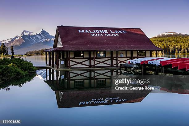 The Maligne Lake boathouse is viewed on June 30, 2013 near Jasper, Alberta, Canada. Jasper is the largest National Park in the Canadian Rockies and...