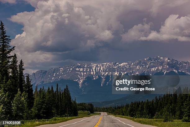 Mountains near the north Highway 16 entrance to the park are viewed on June 24, 2013 near Jasper, Alberta, Canada. Jasper is the largest National...