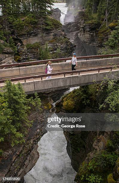 Athabasca Falls is running high and fast due to several powerful summer storms as viewed on June 25, 2013 near Jasper, Alberta, Canada. Jasper is the...
