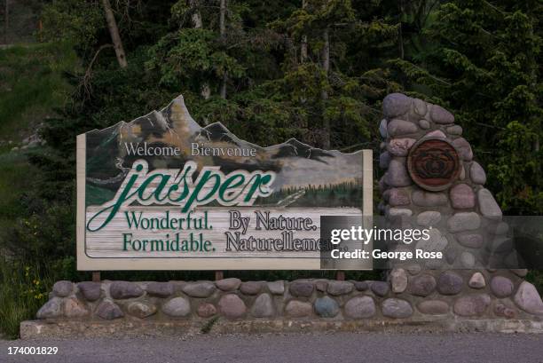 The entrance sign near downtown is viewed on June 25, 2013 in Jasper, Alberta, Canada. Jasper is the largest National Park in the Canadian Rockies...