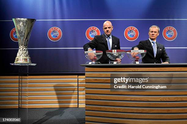 Gianni Infantino, UEFA General Secretary, and Giorgio Marchetti, UEFA Competition Director, during the UEFA Europa League Q3 qualifying round draw at...