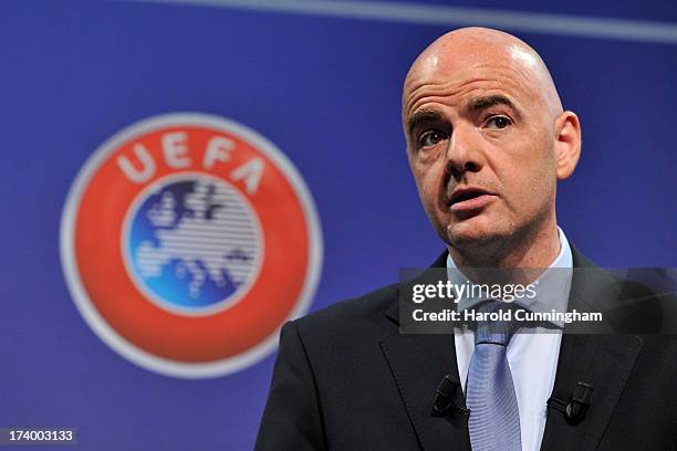 Gianni Infantino, UEFA General Secretary, proceeds to the UEFA Europa League Q3 qualifying round draw at the UEFA headquarters on July 19, 2013 in...