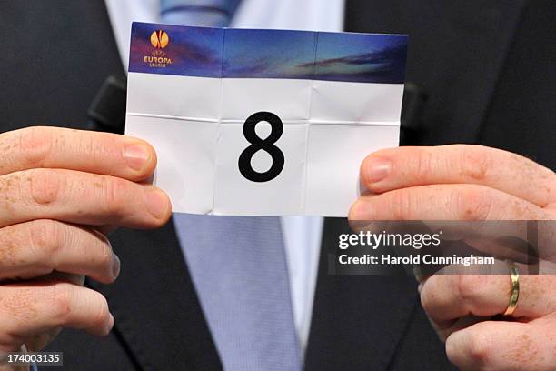 The number 8 is shown during the UEFA Europa League Q3 qualifying round draw at the UEFA headquarters on July 19, 2013 in Nyon, Switzerland.