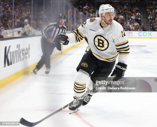 Kevin Shattenkirk of the Boston Bruins skates against the Anaheim Ducks during the third period of the game at Honda Center on October 22, 2023 in...