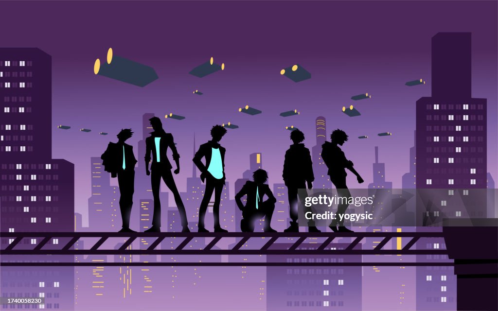 Vector Anime Boys Silhouette in a Cyberpunk City Stock Illustration
