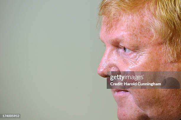 Ronnie Hawthorn, Celtic FC, reacts to the UEFA Champions League Q3 qualifying round draw at the UEFA headquarters on July 19, 2013 in Nyon,...