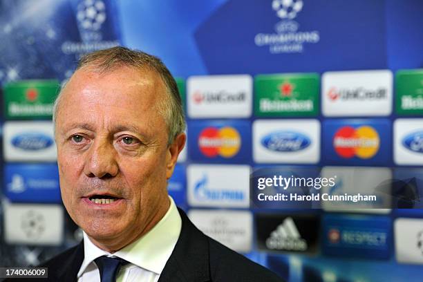 Bernard Lacombe, Olympique Lyonnais, reacts to the UEFA Champions League Q3 qualifying round draw at the UEFA headquarters on July 19, 2013 in Nyon,...