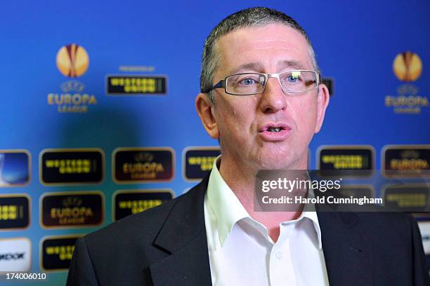 Graham Barnstaple, FC Motherwell Board Member, reacts to the UEFA Champions League Q3 qualifying round draw at the UEFA headquarters on July 19, 2013...