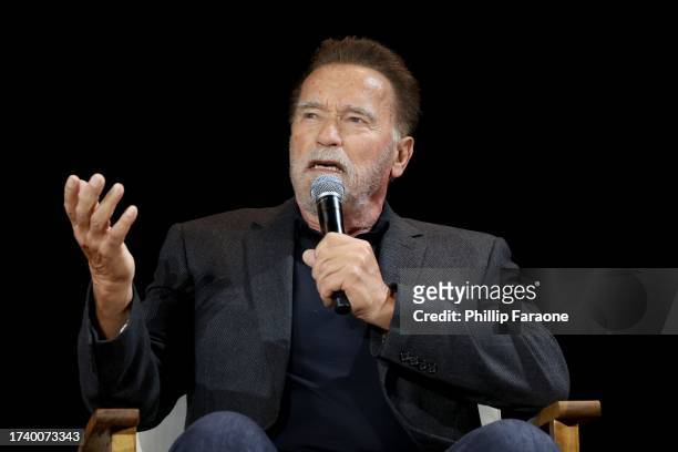 Arnold Schwarzenegger speaks onstage during The Wall Street Journal's Tech Live Conference at Montage Laguna Beach on October 16, 2023 in Laguna...