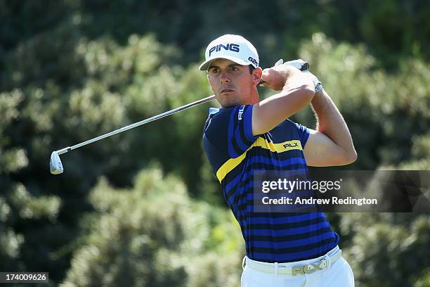 Billy Horschel of the United States tees off on the 3rd hole during the second round of the 142nd Open Championship at Muirfield on July 19, 2013 in...