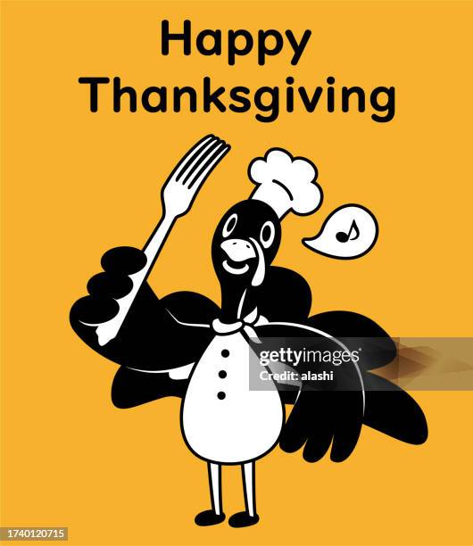 cute monochrome design of a turkey chef standing holding a fork on thanksgiving day - buffet stock illustrations