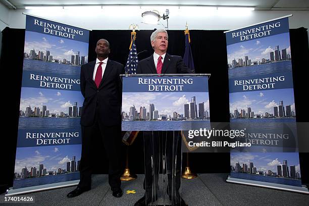 Michigan Gov. Rick Snyder and Detroit's emergency manager Kevin Orr discuss Detroit's bankruptcy filing at a news conference July 19, 2013 in...