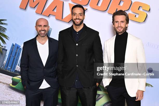 Julien Arruti, Tarek Boudali and Philippe Lacheau attend the "3 Jours Max" Photocall at Le Grand Rex on October 16, 2023 in Paris, France.
