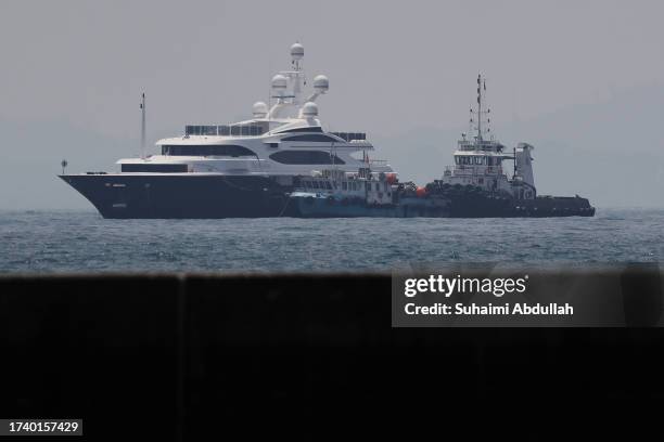 The "Australia," owned by Australian billionaire, Clive Palmer is seen on October 17, 2023 in Singapore. The yacht reportedly ran aground on August...