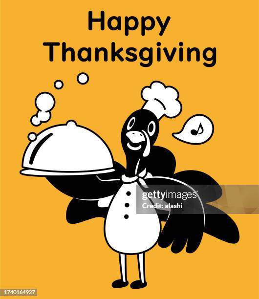 cute monochrome design for thanksgiving day, a turkey chef serving meals in a dome plate cover - buffet stock illustrations