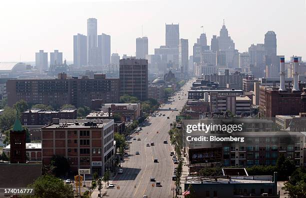Buildings stand in the skyline of Detroit, Michigan, U.S., on Friday, July 19, 2013. Detroit, the cradle of the automobile assembly line and a symbol...