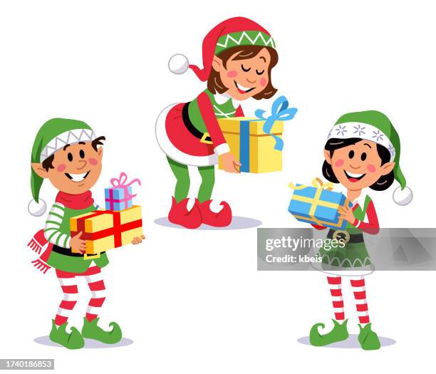 three cheerful christmas elves - elf stock illustrations
