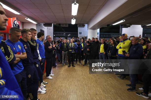 Janne Andersson, head coach of Sweden talks to Supporters of Sweden inside the stadium as the UEFA EURO 2024 European qualifier match between Belgium...