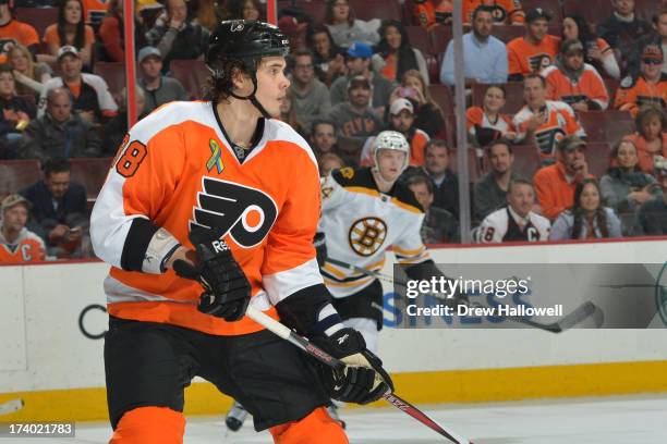 Oliver Lauridsen of the Philadelphia Flyers skates against the Boston Bruins at the Wells Fargo Center on April 23, 2013 in Philadelphia,...