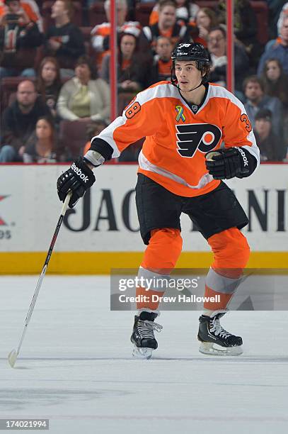 Oliver Lauridsen of the Philadelphia Flyers skates against the Boston Bruins at the Wells Fargo Center on April 23, 2013 in Philadelphia,...