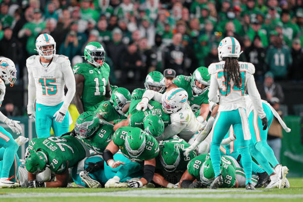 Philadelphia Eagles run the tush push for a first down during the game between the Miami Dolphins and the Philadelphia Eagles on October 22, 2023 at...