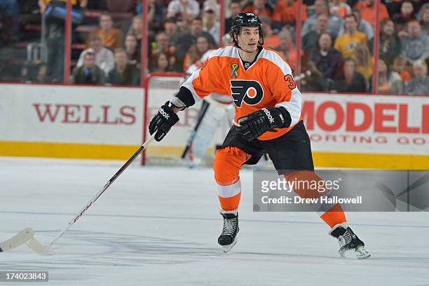 Oliver Lauridsen of the Philadelphia Flyers skates against the Boston Bruins at the Wells Fargo Center on April 23, 2013 in Philadelphia,...