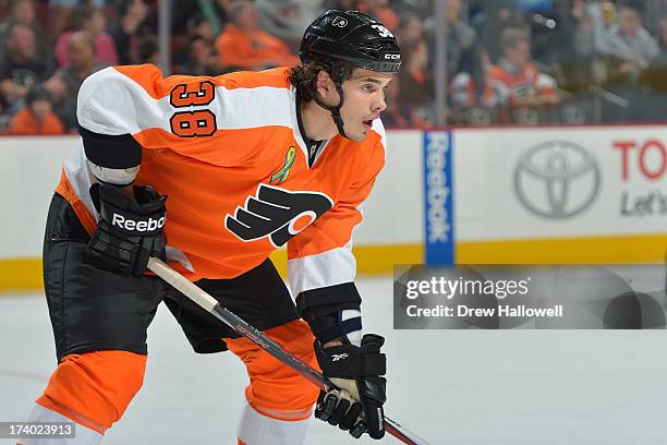 Oliver Lauridsen of the Philadelphia Flyers gets set against the Boston Bruins at the Wells Fargo Center on April 23, 2013 in Philadelphia,...