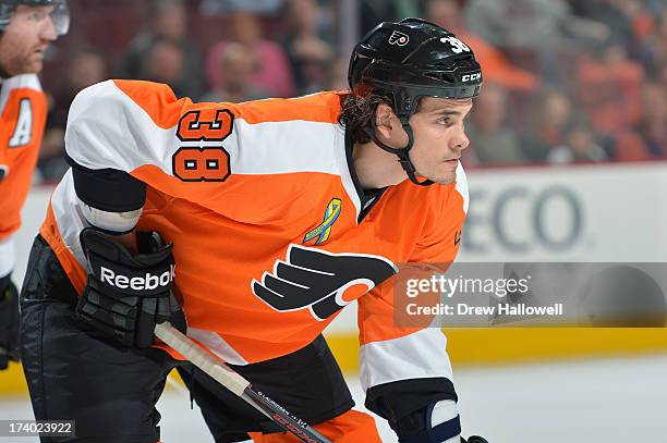 Oliver Lauridsen of the Philadelphia Flyers gets set against the Boston Bruins at the Wells Fargo Center on April 23, 2013 in Philadelphia,...