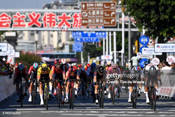 General view of Olav Kooij of The Netherlands and Team Jumbo-Visma, Ethan Hayter of Great Britain, Elia Viviani of Italy and Team INEOS Grenadiers,...