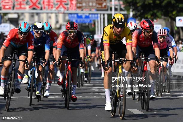 Arnaud De Lie of Belgium and Team Lotto Dstny, Max Kanter of Germany and Movistar Team, Elia Viviani of Italy and Team INEOS Grenadiers and Leo...