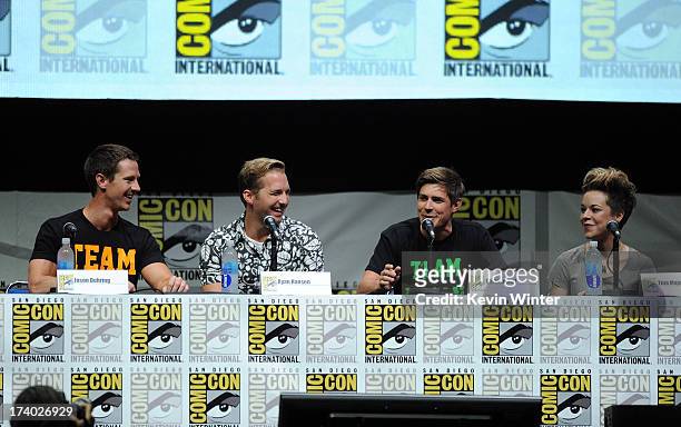 Actors Jason Dohring, Ryan Hanson, Chris Lowell and actress Tina Majorino speak onstage at the "Veronica Mars" special video presentation and Q&A...