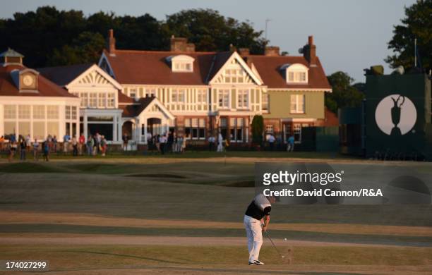 Steven Tiley of England plays into the 18th green during the second round of the 142nd Open Championship at Muirfield on July 19, 2013 in Gullane,...