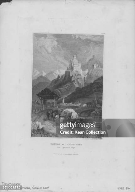 Engraved view of a track leading up to the Castle of Trostberg in the German Alps, Bavaria, Germany.