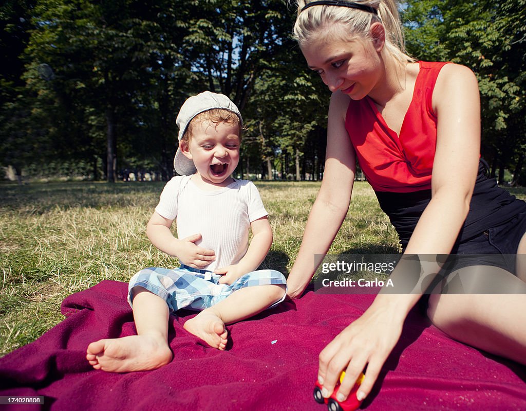 Mom and son outdoors