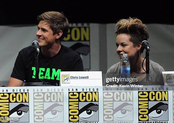 Actor Chris Lowell and actress Tina Majorino speak onstage at the "Veronica Mars" special video presentation and Q&A during Comic-Con International...