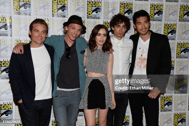 Actors Kevin Zegers, Jamie Campbell Bower, Lily Collins, Robert Sheehan and Godfrey Gao attend "The Mortal Instruments: City of Bones" press line...