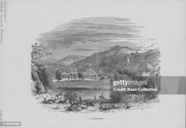 Engraved view of Chatsworth House, a stately home on the banks of the River Derwent, and the surrounding Derbyshire countryside, circa 1840-1880.