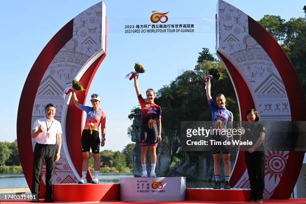 Chiara Consonni of Italy and UAE Team Adq on second place, race winner Daria Pikulik of Poland and Team Human Powered Health and Mia Griffin of...
