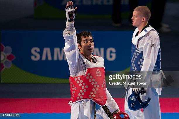 Ocelotzin Sanchez of Mexico competes with Ivan Trajkovic of Slovenia during a men's +87 kg combat of WTF World Taekwondo Championships 2013 at the...