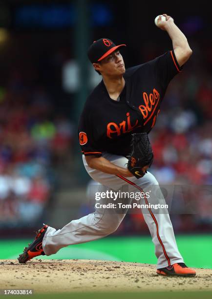Wei-Yin Chen of the Baltimore Orioles pitches against the Texas Rangers in the bottom of the first inning at Rangers Ballpark in Arlington on July...