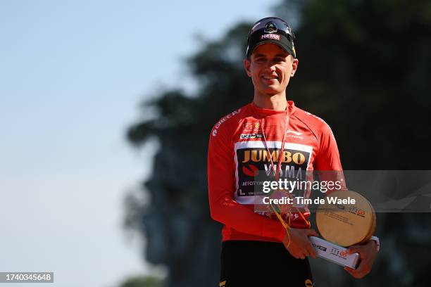 Milan Vader of The Netherlands and Team Jumbo-Visma celebrates at podium as Red Leader Jersey winner during the 4th Gree-Tour of Guangxi 2023, Stage...