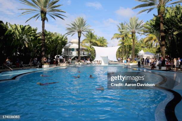 View of synchronized swimming at the Esther Williams cocktail reception during Mercedes-Benz Fashion Week Swim 2014 at The Raleigh on July 19, 2013...