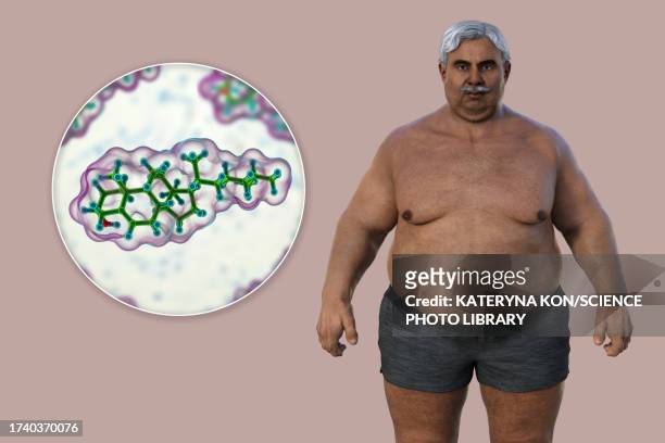 overweight man and cholesterol molecule, illustration - fat asian man stock illustrations