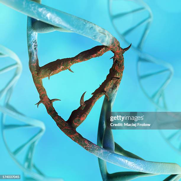 close up on dna chain with a sinister mutation - genetic mutation stock illustrations