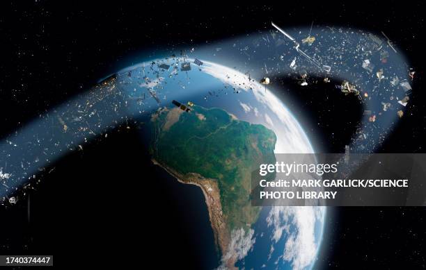 illustrazioni stock, clip art, cartoni animati e icone di tendenza di space junk orbiting earth, illustration - spazio cosmico